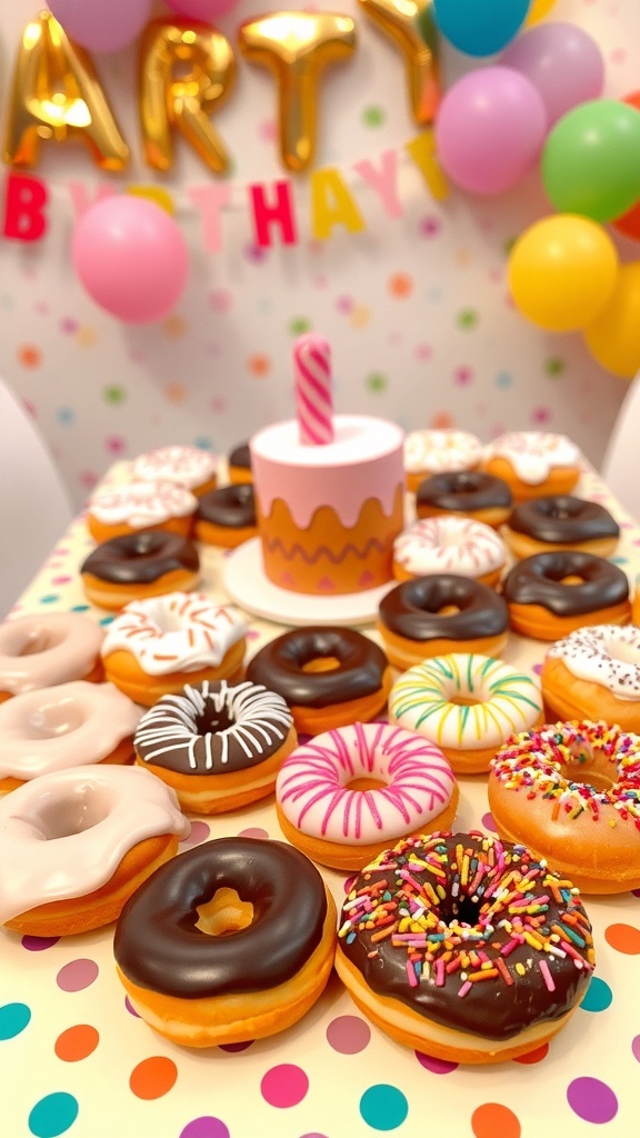 A vibrant assortment of donuts on a table for a 5th birthday party, featuring glazed, chocolate, and sprinkles.